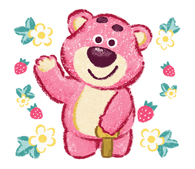 Lotso Waving Among Flowers and Strawberries