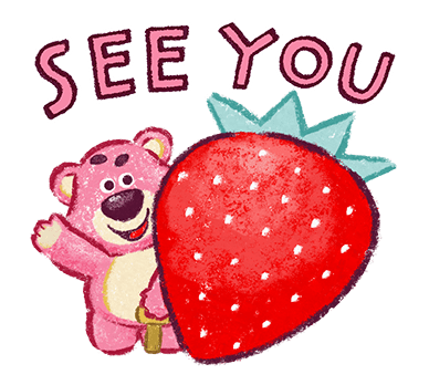 Lotso Waving Beside a Giant Strawberry