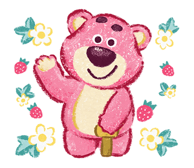 Lotso Waving Among Flowers and Strawberries