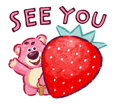 Lotso Waving Beside a Giant Strawberry